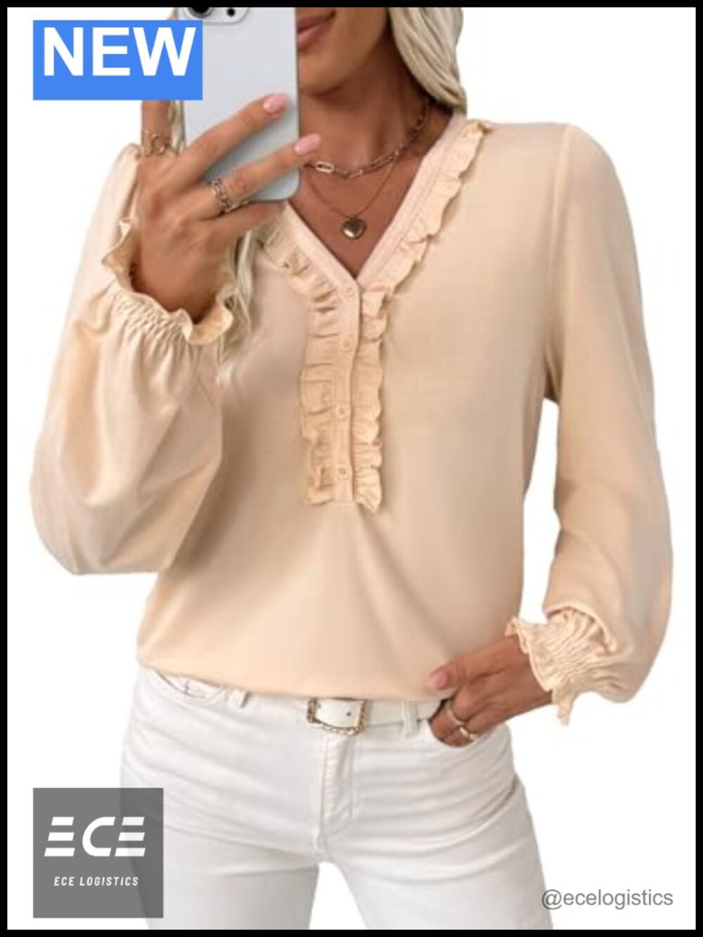 Womens Ruffled V Neck Long Sleeve Blouse Tunic Shirt Button Front Top